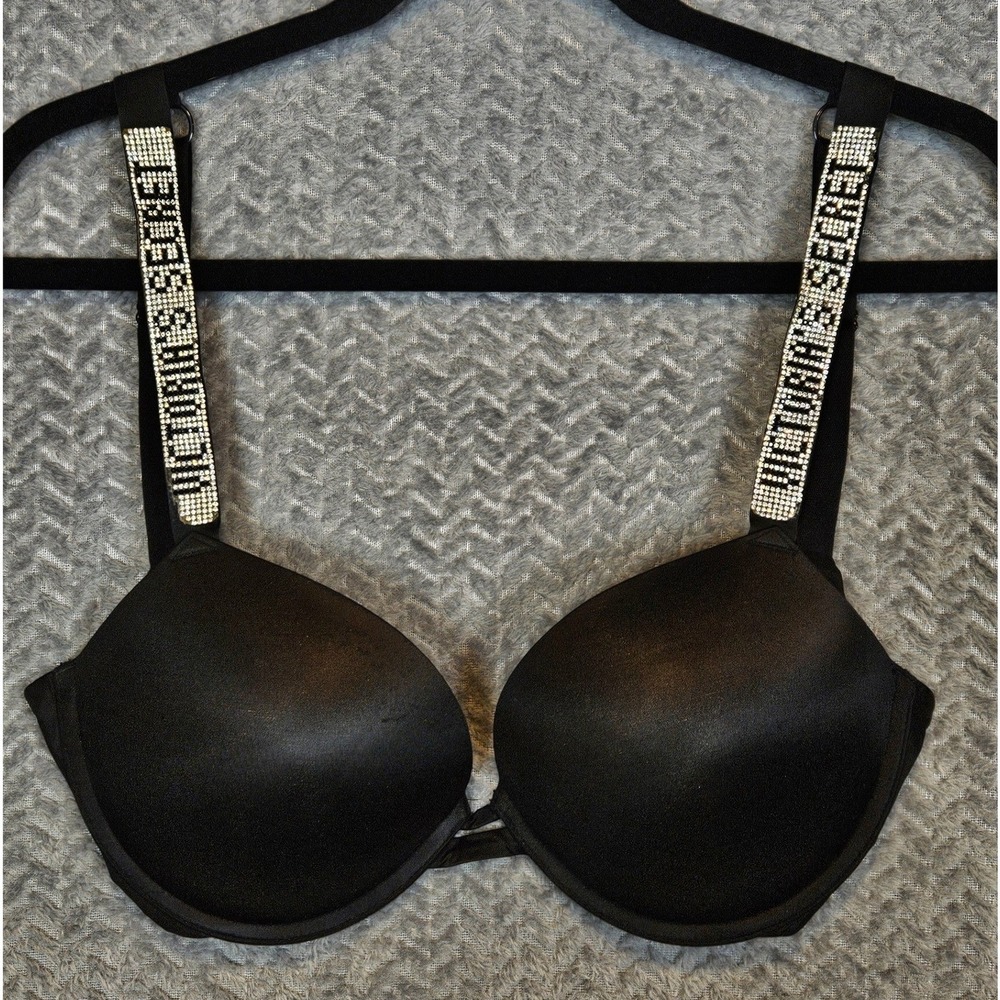 Victorias Secret Very Sexy Black Rhinestone Logo Shine Strap Push-Up Bra 34DD